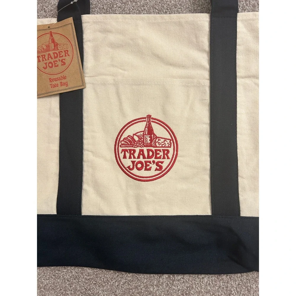 Trader Joe's Reusable Tote Bag Unisex Large Navy Blue Cream NEW Canvas Grocery